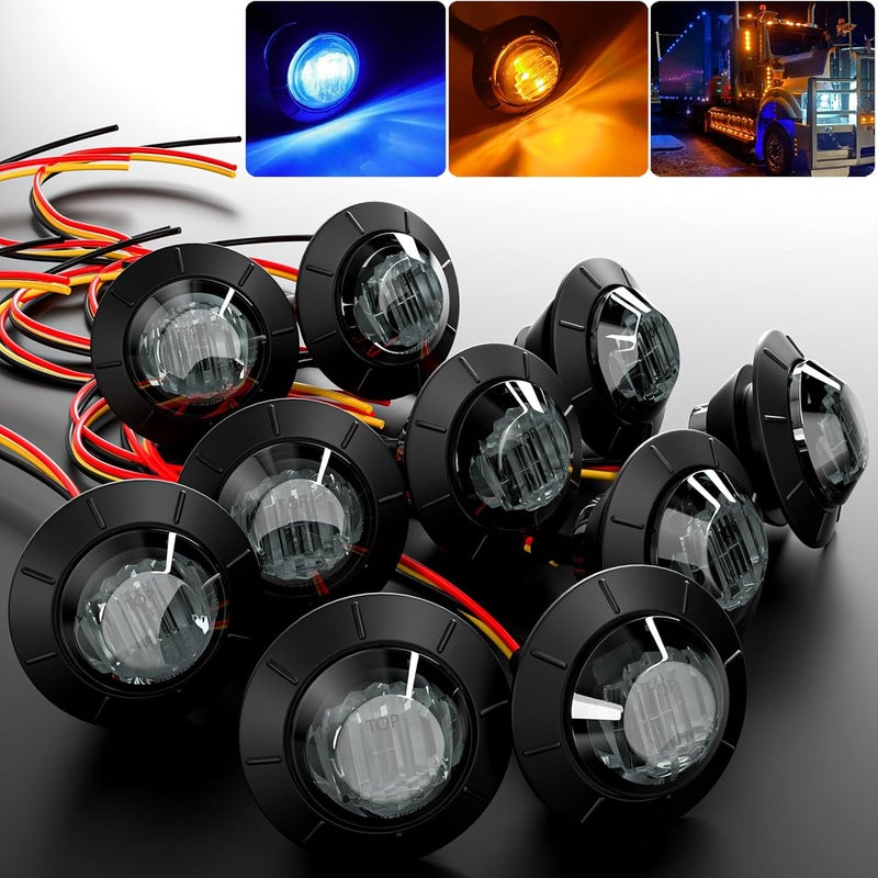 BJZ 3/4" Round Trailer Marker LED Lights Amber to Blue Dual Color Side Clearance Tail Bullet Light 12V 4LED Indicator Light w/Smoked Lens for Trailer Truck Van RV ATV Bus, 10Pcs - Image 1